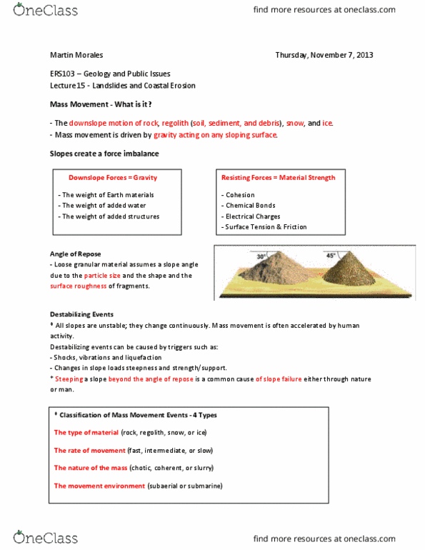 ERS103H5 Lecture Notes - Lecture 15: Granular Material, Regolith, Mudflow thumbnail