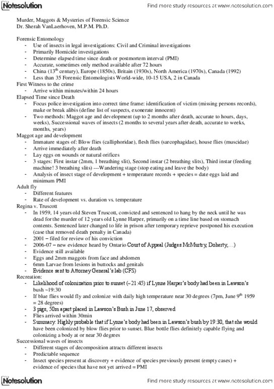 FSC239Y5 Lecture Notes - Steven Truscott, Forensic Entomology, Flesh Fly thumbnail