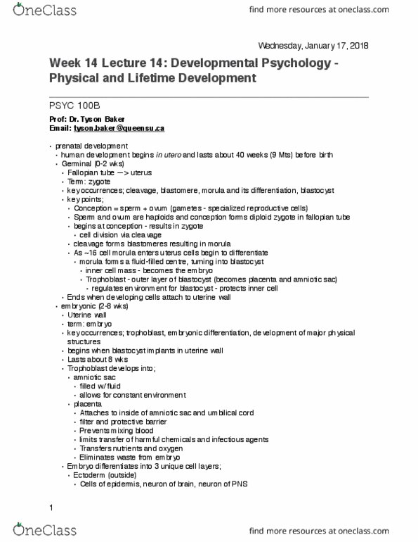 PSYC 100 Lecture Notes - Lecture 14: Amniotic Sac, Umbilical Cord, Morula thumbnail