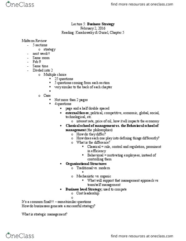 ADMS 1000 Lecture Notes - Lecture 5: Cost Leadership, Strategic Management, Multiple Choice thumbnail