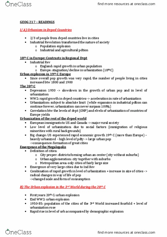 GEOG 217 Lecture Notes - Lecture 1: Urban Area, Counterurbanization, Global City thumbnail