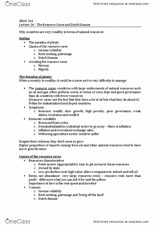 GEOG 216 Lecture Notes - Lecture 24: Resource Curse, Dutch Disease, Deindustrialization thumbnail