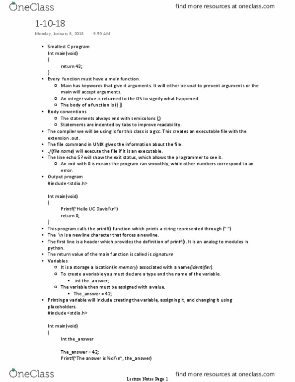 ECS 30 Lecture Notes - Lecture 1: Exit Status, Newline, Gnu Compiler Collection thumbnail