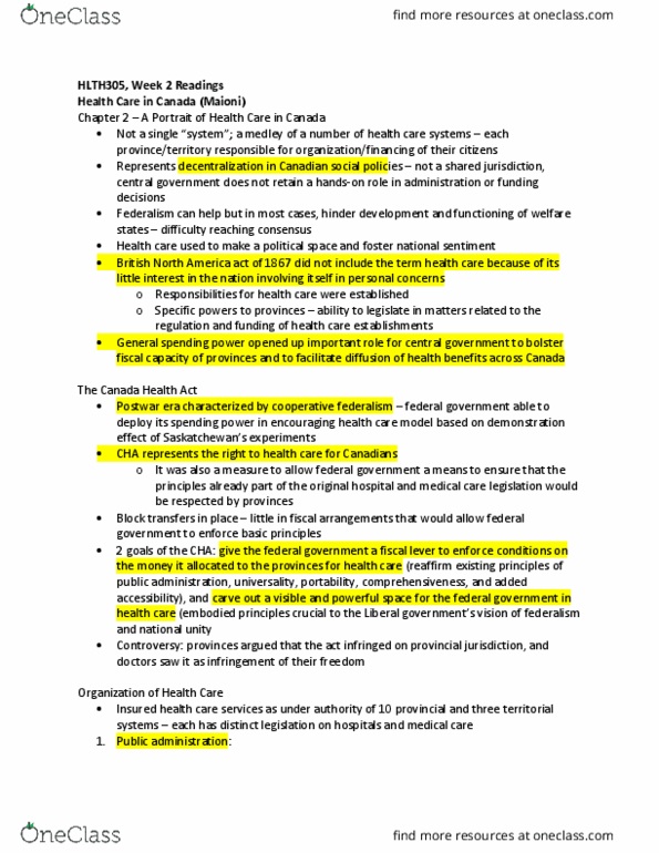 HLTH 305 Chapter Notes - Chapter 2: Canada Health Act, Cooperative Federalism, Public Administration thumbnail
