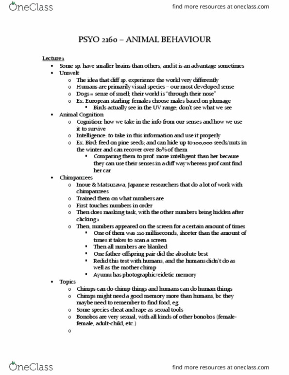 PSYO 2160 Lecture Notes - Lecture 1: Forensic Entomology, Common Starling, Ethology thumbnail