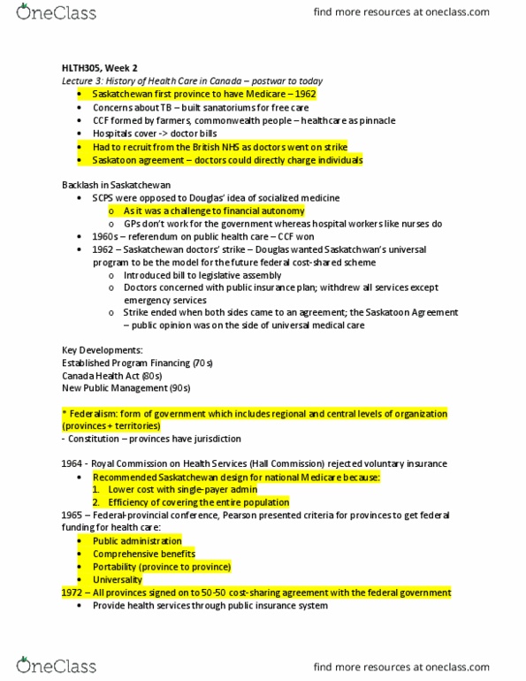 HLTH 305 Lecture Notes - Lecture 2: Canada Health Act, New Public Management, Socialized Medicine thumbnail