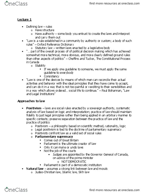 CCT206H5 Lecture Notes - Lecture 1: Parliamentary Sovereignty, Paul Bohannan, Legal Positivism thumbnail