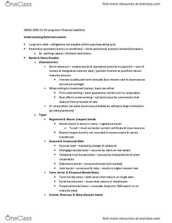 ADMS 3595 Chapter Notes - Chapter 14: Debt Settlement, Accrued Interest, Private Placement thumbnail