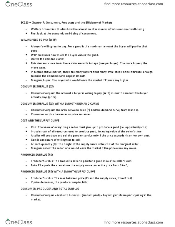 EC120 Lecture Notes - Lecture 7: Economic Surplus, Demand Curve, Opportunity Cost thumbnail