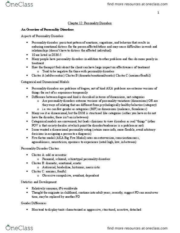 PSYC 2900 Chapter Notes - Chapter 12: Paranoid Personality Disorder, Cluster B Personality Disorders, Histrionic Personality Disorder thumbnail