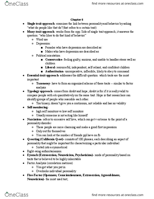 01:830:338 Chapter Notes - Chapter 6: Psychoticism, Neuroticism, Extraversion And Introversion thumbnail