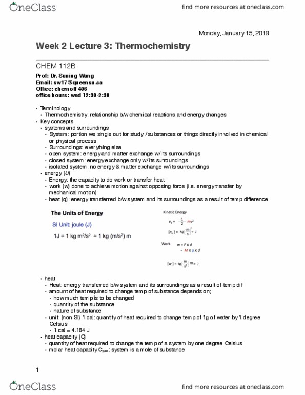 CHEM 112 Lecture Notes - Lecture 3: Endothermic Process, Calorimetry, Exothermic Process thumbnail