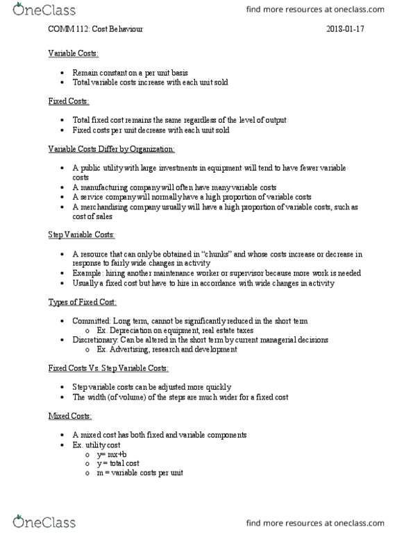 COMM 112 Lecture Notes - Lecture 2: Fixed Cost, Income Statement, Cost Driver thumbnail