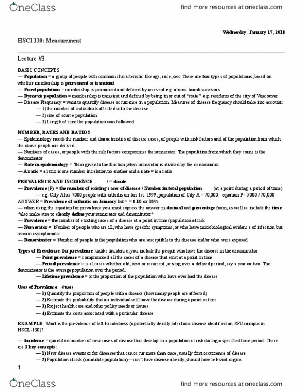 HSCI 130 Lecture Notes - Lecture 3: Prevalence, Handedness, Relative Risk thumbnail