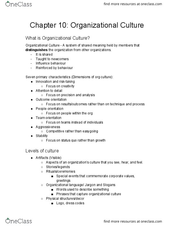 BUS 272 Lecture Notes - Lecture 10: Organizational Culture, Organizational Commitment thumbnail