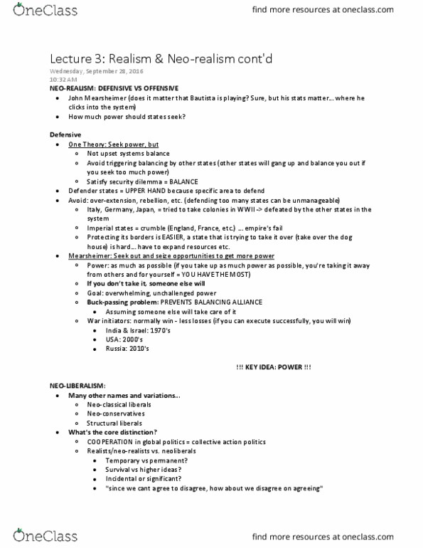 Political Science 2231E Lecture Notes - Lecture 3: John Mearsheimer, Security Dilemma, Collective Security thumbnail