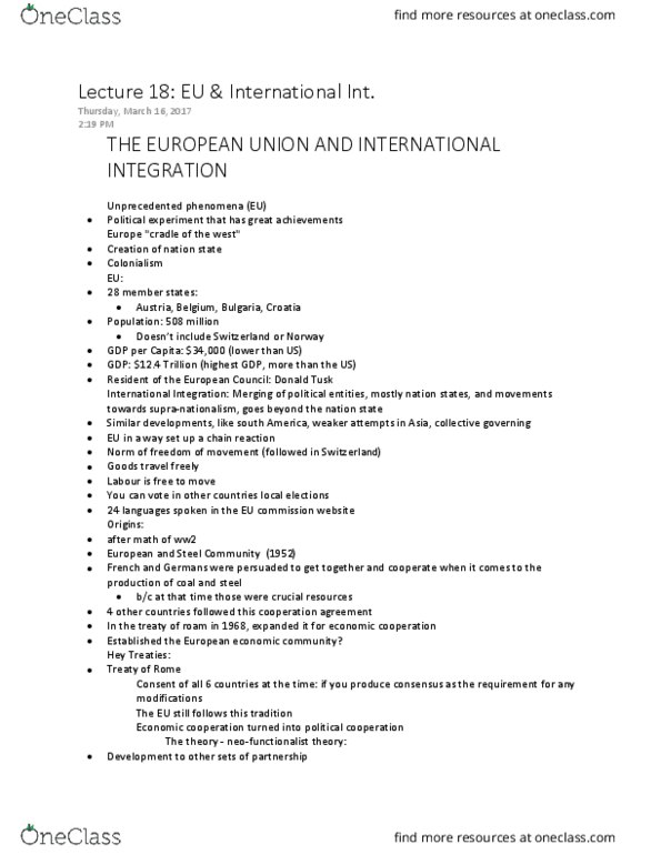 Political Science 2231E Lecture Notes - Lecture 18: Donald Tusk, Neofunctionalism, European Commission thumbnail