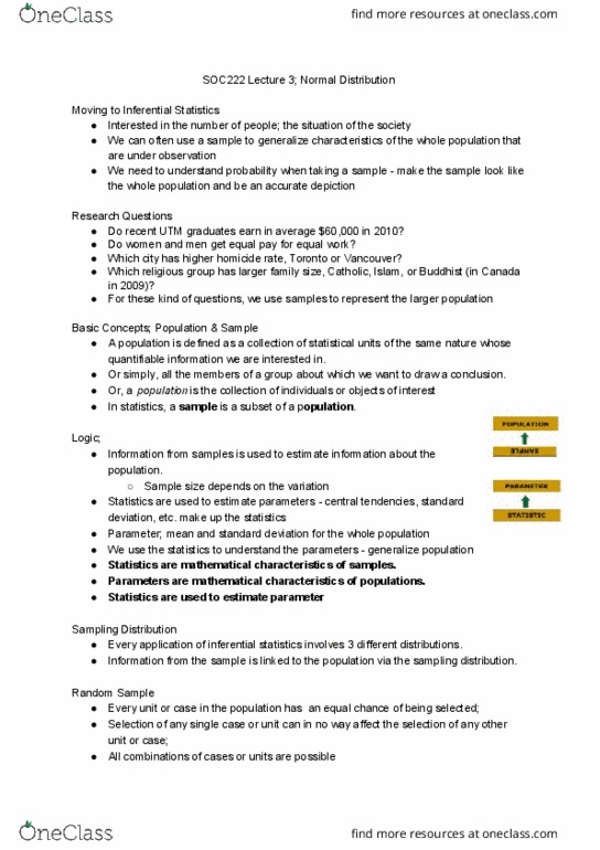 SOC222H5 Lecture Notes - Lecture 3: Normal Distribution, Statistical Inference, Sampling Distribution thumbnail