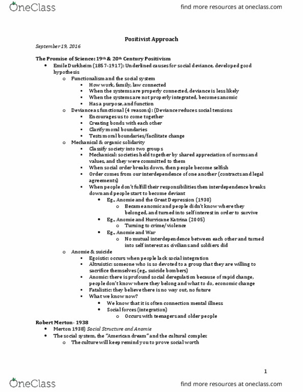 SOC 2070 Lecture Notes - Lecture 3: Anomie, Mechanical And Organic Solidarity, Social Forces thumbnail