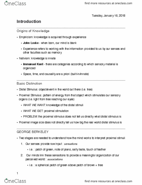 PSYCH 9A Lecture Notes - Lecture 1: Immanuel Kant, Empiricism, Pineal Gland thumbnail