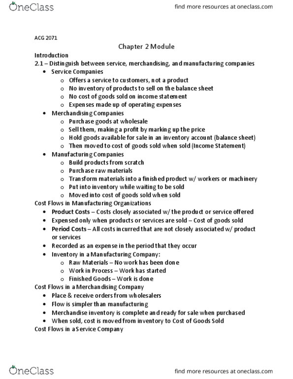 ACG 2071 Lecture Notes - Lecture 2: Finished Good, Income Statement, The Sequence thumbnail