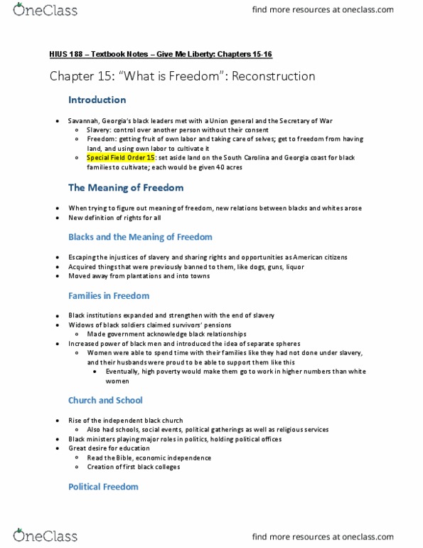 HIUS 188 Chapter Notes - Chapter 15-16: Reconstruction Era, White Southerners, Fourteenth Amendment To The United States Constitution thumbnail