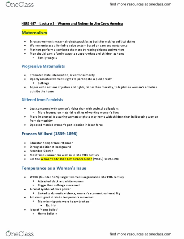 HIUS 157 Lecture Notes - Lecture 3: Family Wage, 3 Women, Civil Rights Cases thumbnail