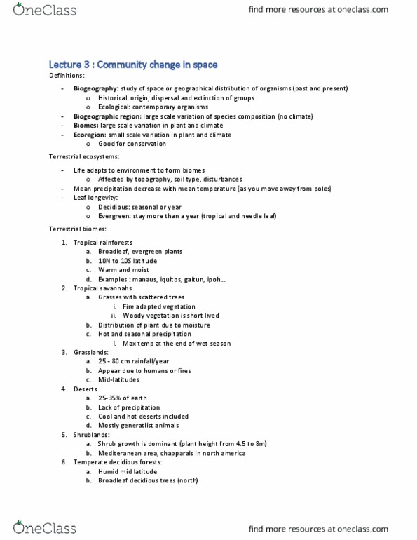 BIOL 353 Lecture Notes - Lecture 3: Temperate Coniferous Forest, Zoogeography, Biome thumbnail