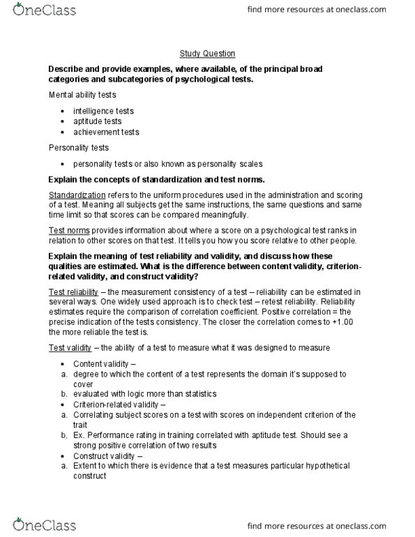 psy290 Chapter Notes - Chapter 3: Wechsler Adult Intelligence Scale, Intelligence Quotient, Content Validity thumbnail