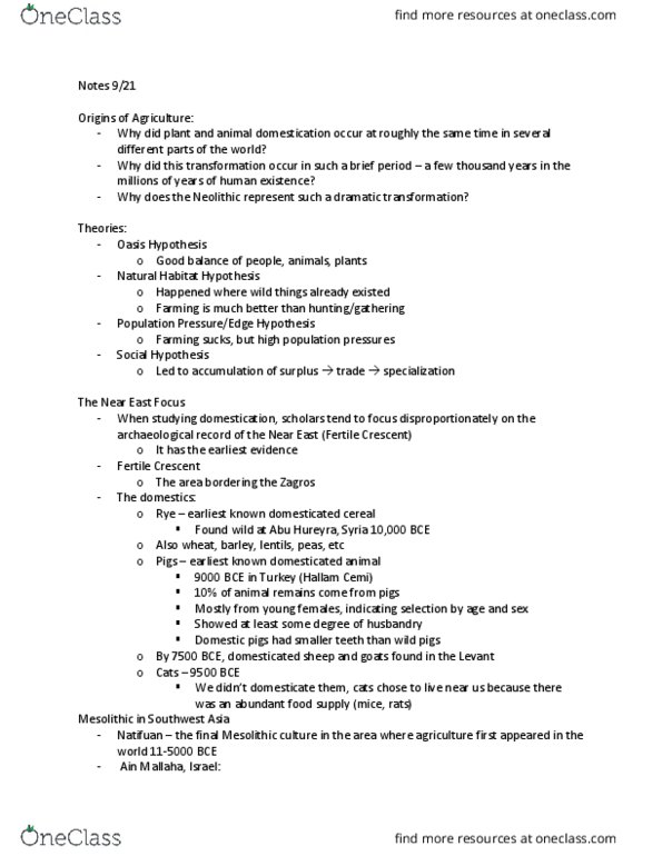 CAS AR 100 Lecture Notes - Lecture 6: Tell Abu Hureyra, Ain Mallaha, Fertile Crescent thumbnail