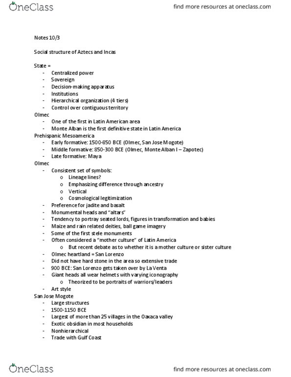 CAS AR 100 Lecture Notes - Lecture 9: San José Mogote, Olmec Heartland, Hierarchical Organization thumbnail