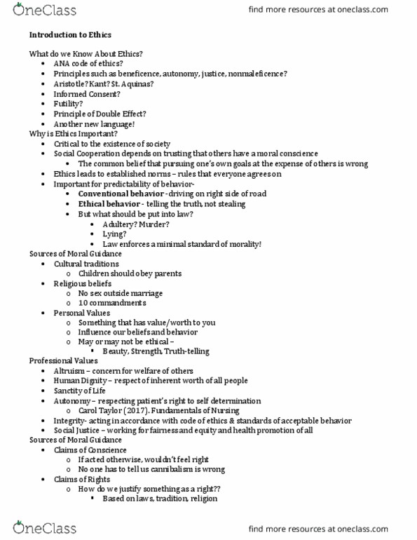 NURS 3225 Lecture Notes - Lecture 1: Edmund Pellegrino, Principle Of Double Effect, Descriptive Ethics thumbnail