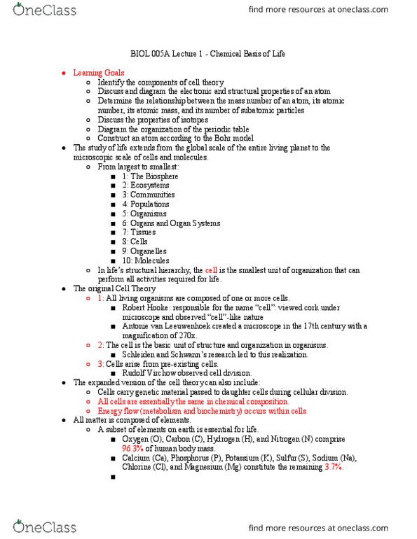 BIOL 005A Lecture Notes - Lecture 1: Antonie Van Leeuwenhoek, Rudolf Virchow, Atomic Nucleus thumbnail