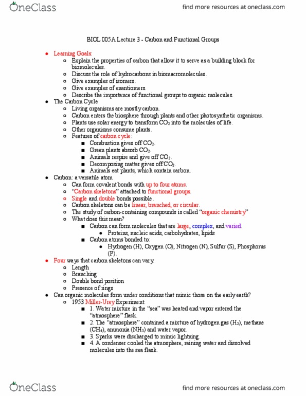 BIOL 005A Lecture Notes - Lecture 3: Hydrogen Bond, Carbon Cycle, Double Bond thumbnail