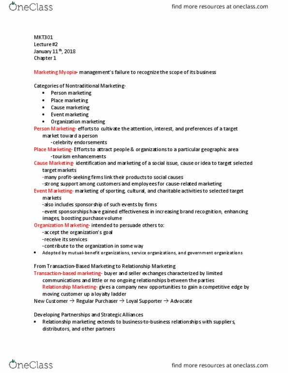 MKT 301 Lecture Notes - Lecture 1: Marketing, Marketing Myopia, Cause Marketing thumbnail