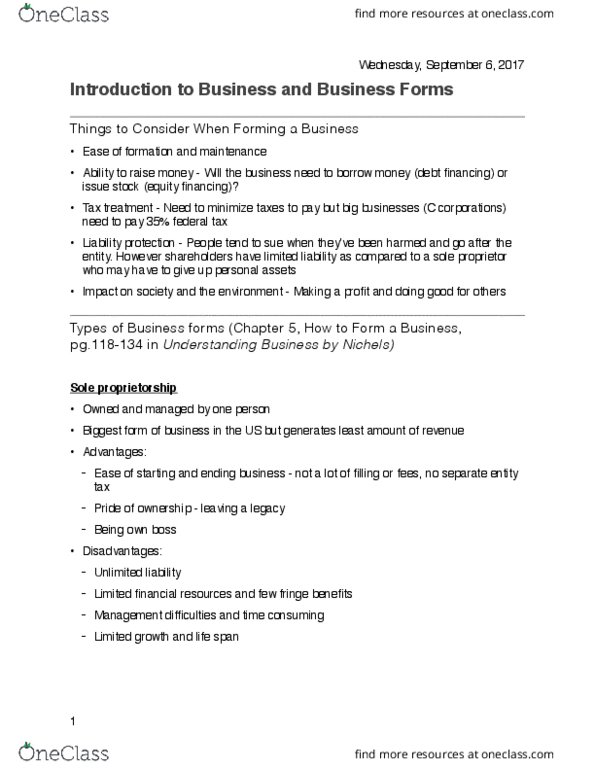 SMG SM 131 Lecture Notes - Lecture 1: Sole Proprietorship, Limited Liability, Byrsonima Crassifolia thumbnail