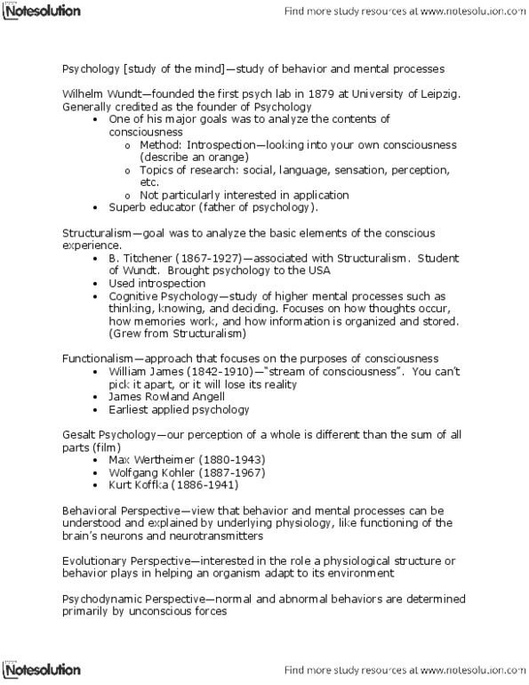 PSY 111 Chapter Notes - Chapter 1: James Rowland Angell, Kurt Koffka, Max Wertheimer thumbnail