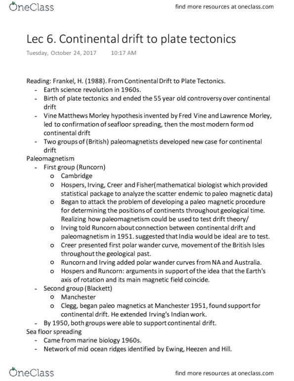 ESS104H1 Lecture Notes - Lecture 6: Lawrence Morley, Frederick Vine, Seafloor Spreading thumbnail