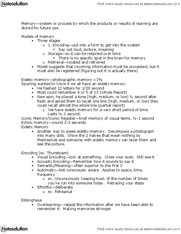 PSY 111 Chapter Notes - Chapter 4: Eidetic Memory, Episodic Memory, Procedural Memory thumbnail