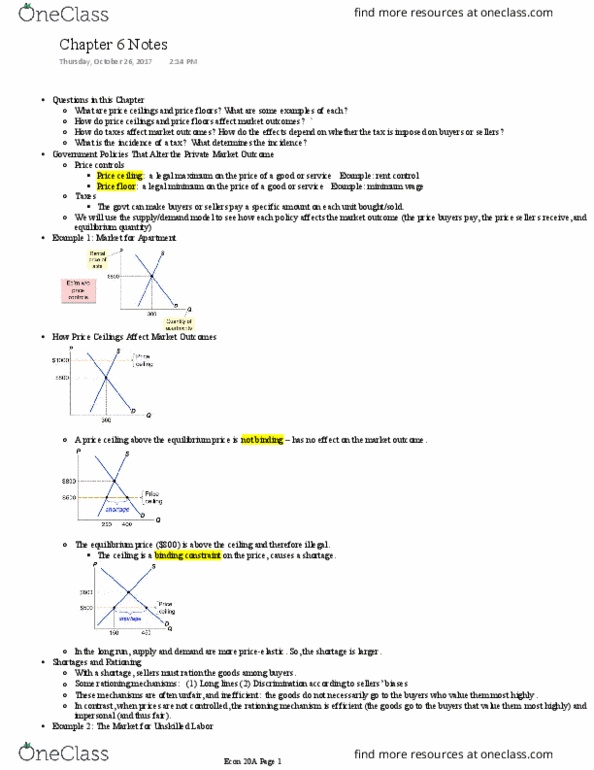 ECON 20A Lecture Notes - Lecture 6: Price Ceiling, Price Floor, Economic Equilibrium thumbnail