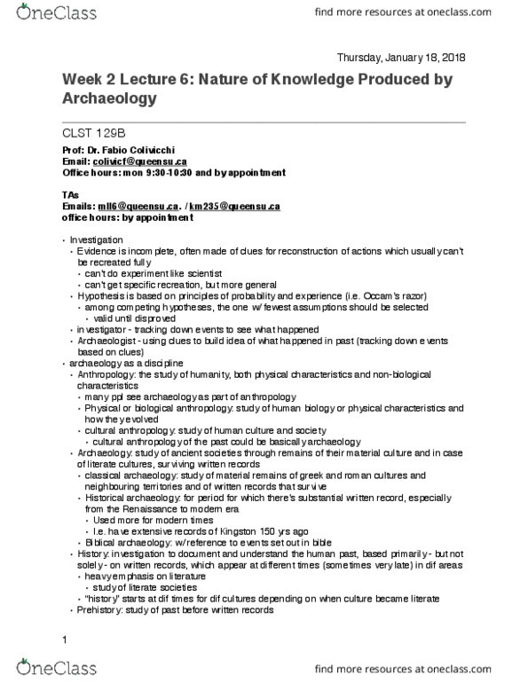 CLST 129 Lecture Notes - Lecture 6: Classical Archaeology, Historical Archaeology, Biological Anthropology thumbnail