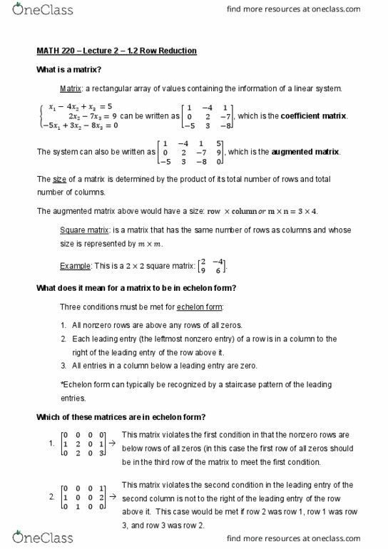 MATH 220 Lecture Notes - Lecture 2: Row Echelon Form, Augmented Matrix, Coefficient Matrix thumbnail