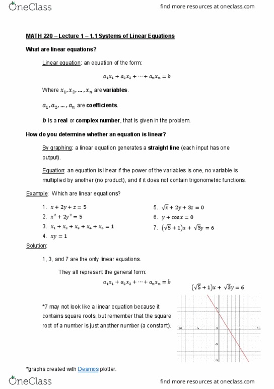 MATH 220 Lecture Notes - Lecture 1: Linear Equation, Linear System thumbnail