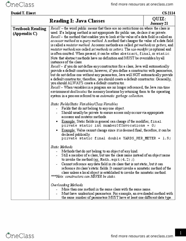 CS 2114 Chapter Notes - Chapter C: Mutator Method thumbnail