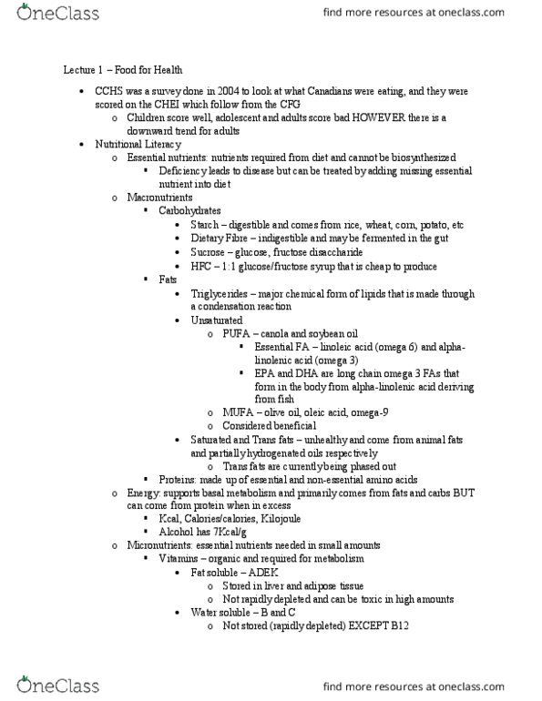 NFS284H1 Lecture Notes - Lecture 1: Trans Fat, Olive Oil, Nutrient thumbnail