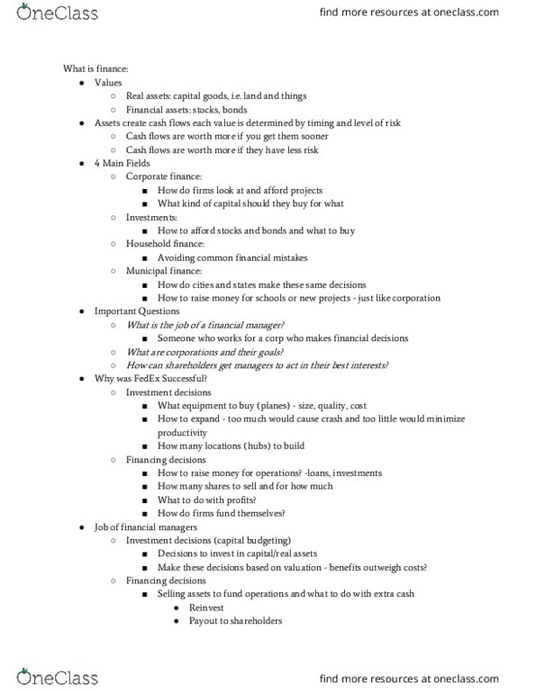 MFIN1021 Lecture Notes - Lecture 1: Corporate Finance, Cash Flow, Capital Budgeting thumbnail