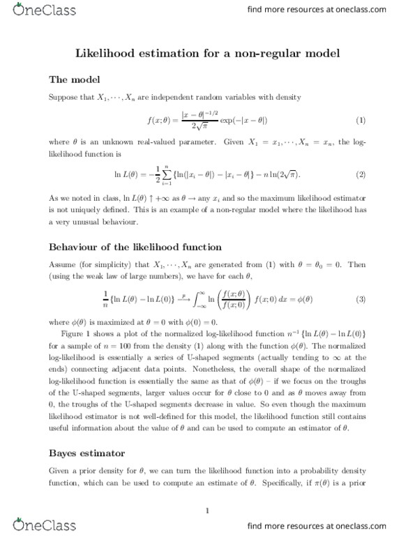 STA305H1 Lecture Notes - Lecture 16: Maximum Likelihood Estimation, Likelihood Function, Bayes Estimator thumbnail