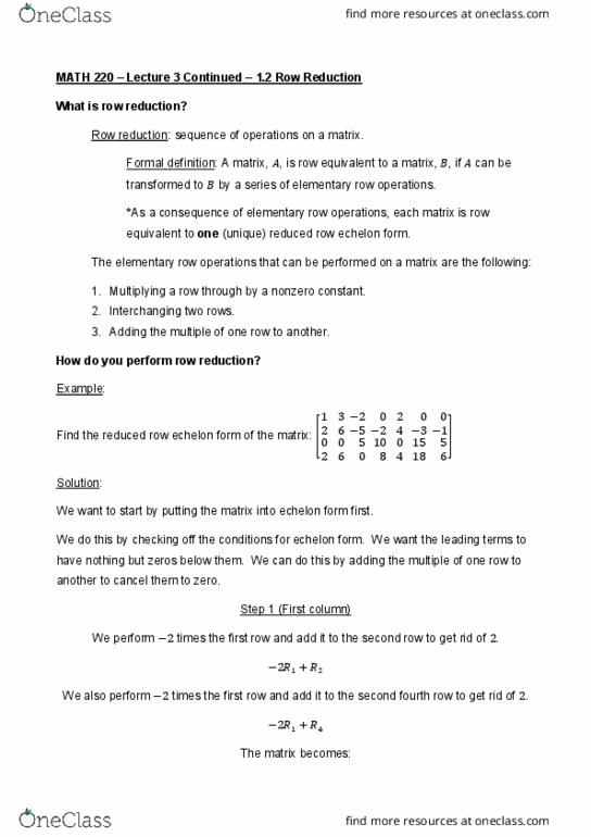 MATH 220 Lecture Notes - Lecture 3: Elementary Matrix, Gaussian Elimination, Row Echelon Form thumbnail
