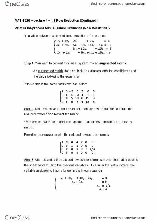 MATH 220 Lecture Notes - Lecture 4: Row Echelon Form, Elementary Matrix, Augmented Matrix thumbnail
