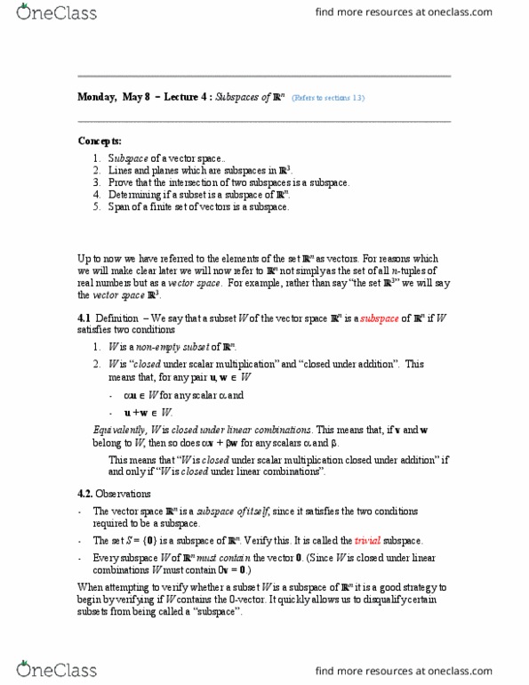 MATH136 Lecture Notes - Lecture 4: Scalar Multiplication, Linear Combination thumbnail